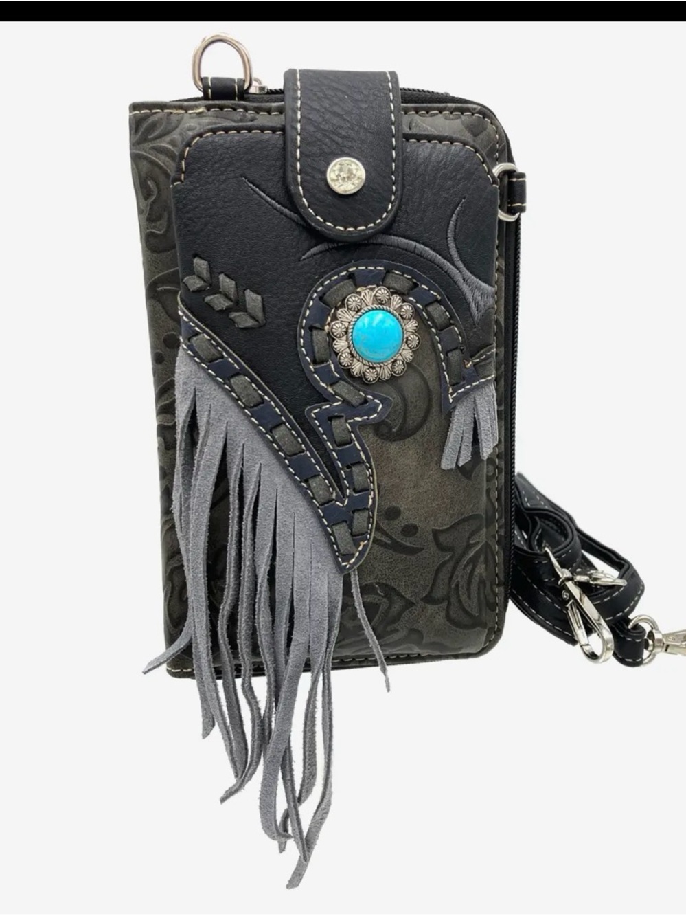 Fringed Black & Gray Crossbody Wallet with Turquoise Accent